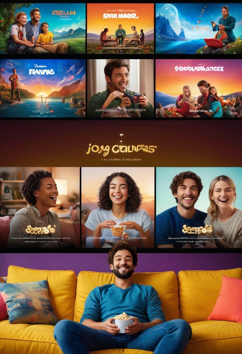 A vibrant collage showcasing various scenes from online streaming: a family laughing together on a couch, friends engaged in a competitive gaming session, and a serene individual meditating while watching a calming nature documentary. The collage should convey the diverse emotions of laughter, excitement, and contentment. Incorporate elements like a glowing screen, popcorn, and streaming icons in a visually engaging composition. colorful and dynamic. super-realistic.