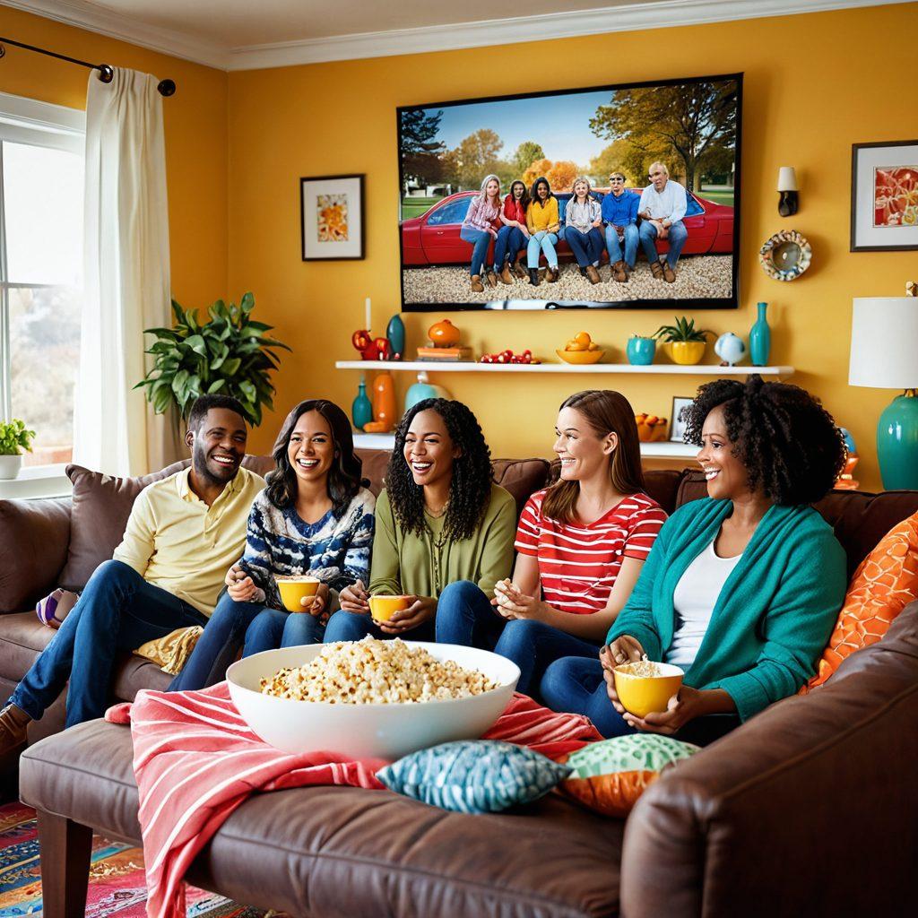 A vibrant living room setting filled with laughter and joy, showcasing diverse family members watching a large screen displaying colorful entertainment content. Incorporate elements of popcorn, cozy blankets, and cheerful decorations, capturing the essence of togetherness and entertainment. Emphasize bright colors and engaging expressions. vibrant colors. super-realistic.