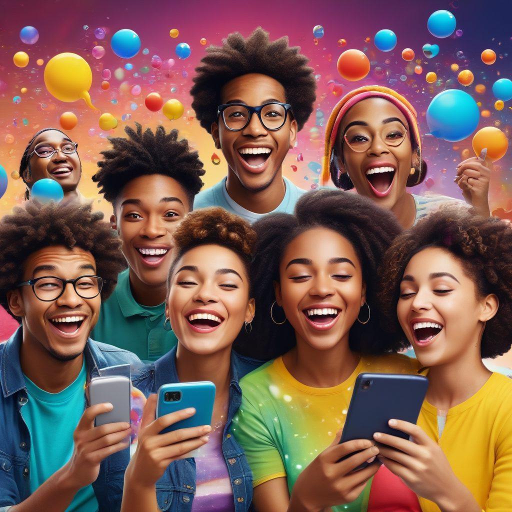A vibrant, whimsical digital collage showcasing diverse individuals joyfully engaging with various streaming platforms on their devices, surrounded by colorful bubbles filled with cheerful emojis and uplifting quotes. Include elements representing different genres of content like comedy, music, and animated shows, all set against a bright and lively background. super-realistic. vibrant colors. dynamic composition.